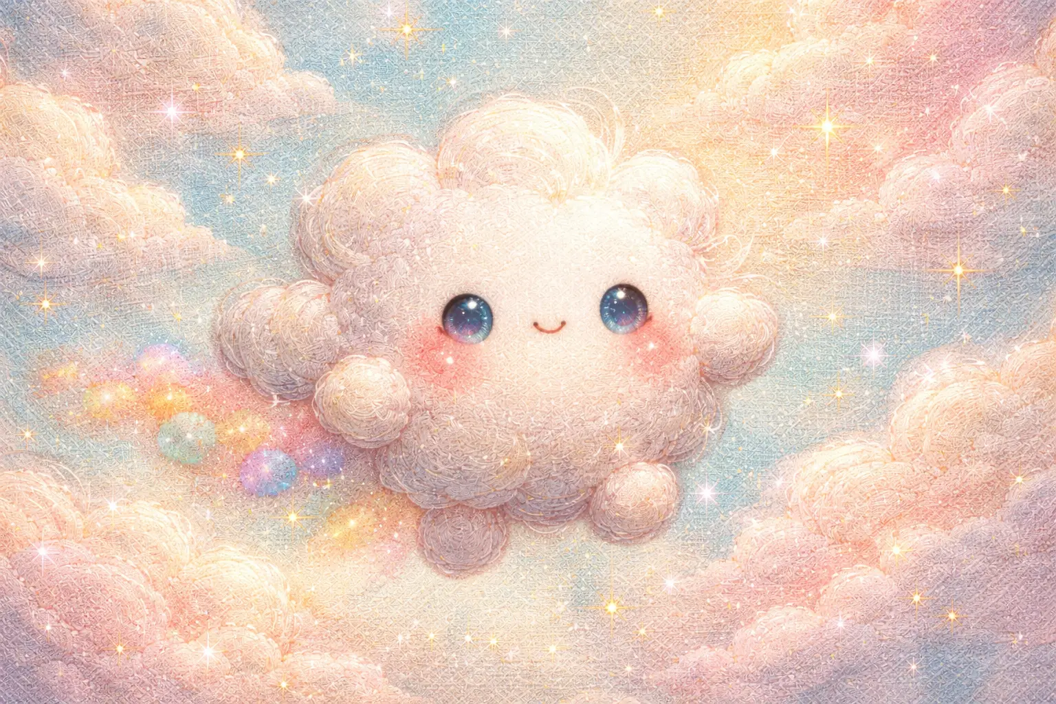 Whimsical baby cloud sprite in pastel embroidered sky