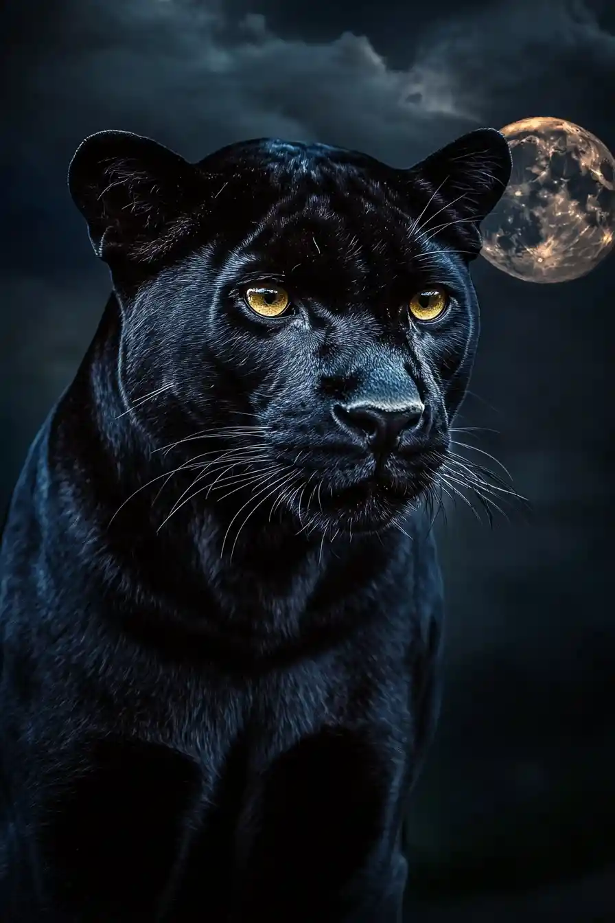 Black panther close up under a hazy moonlit sky