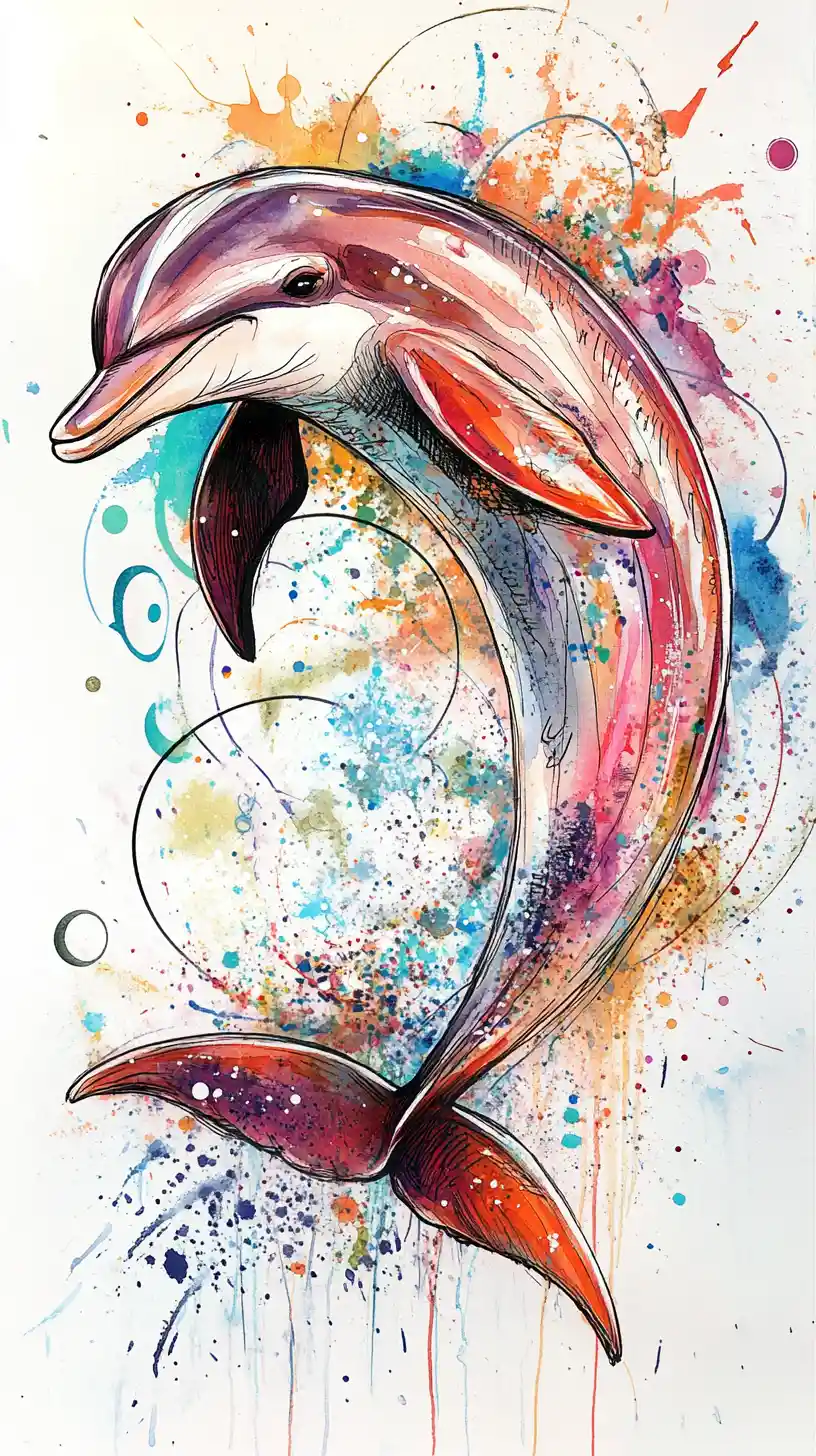 Playful dolphin leaping in expressive mixed media illustration