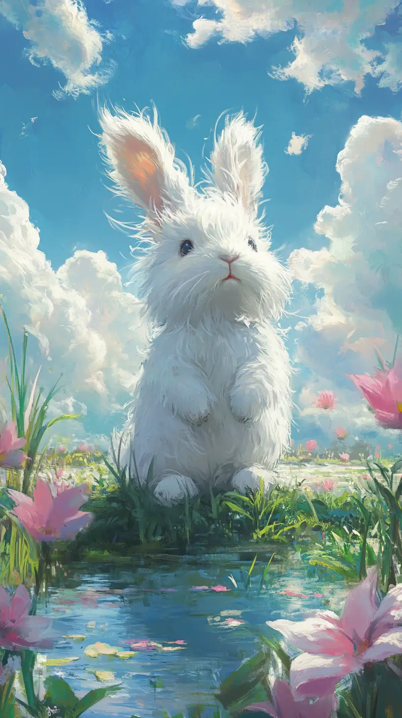 Shaggy White Rabbit Above Water In Floral Meadow