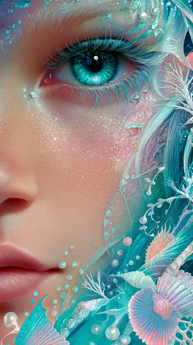 Close up baby mermaid portrait with luminous turquoise eyes
