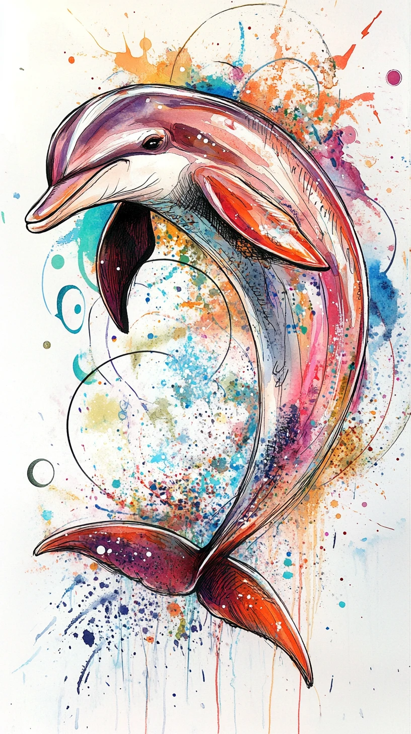 Playful dolphin leaping in expressive mixed media illustration