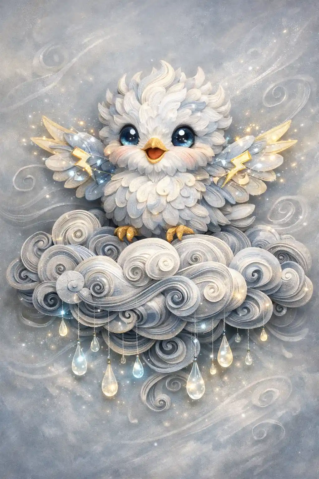 Whimsical Paper Quilling Baby Thunderbird On Storm Cloud