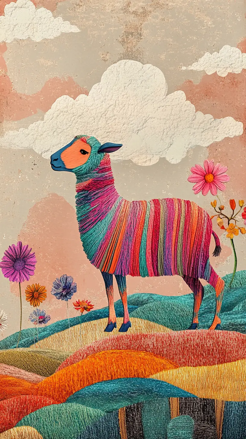 Anthropomorphic striped sheep in a surreal woolen landscape