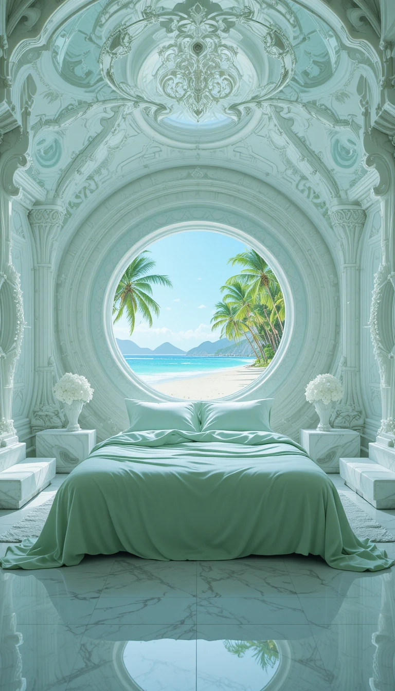 Futuristisches Schlafzimmer mit Kristallwänden und tropischem Strandblick