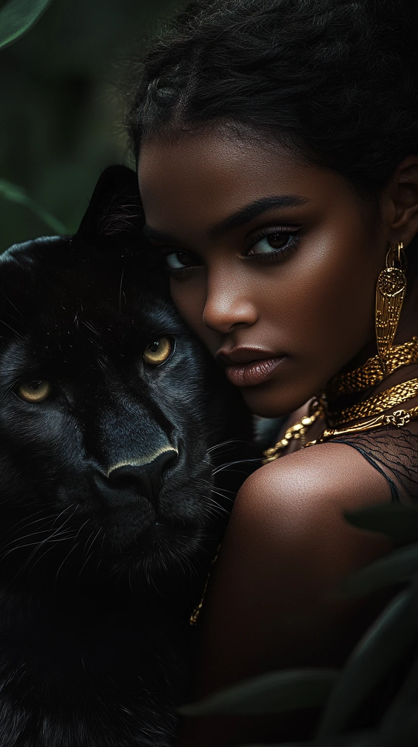 Mystical jungle woman and black panther in moonlit shadows