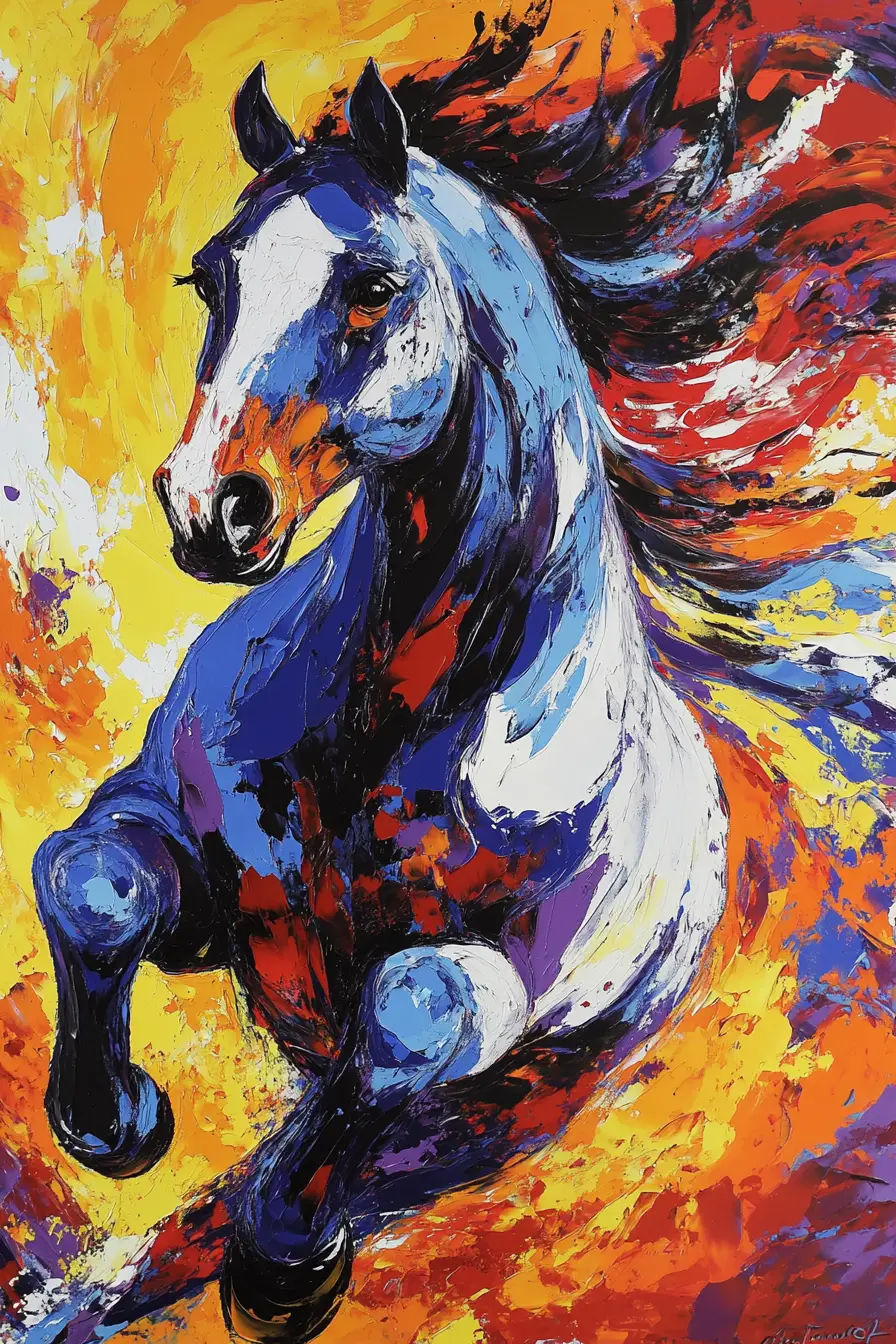 Abstract painting of a galloping horse in fiery colors
