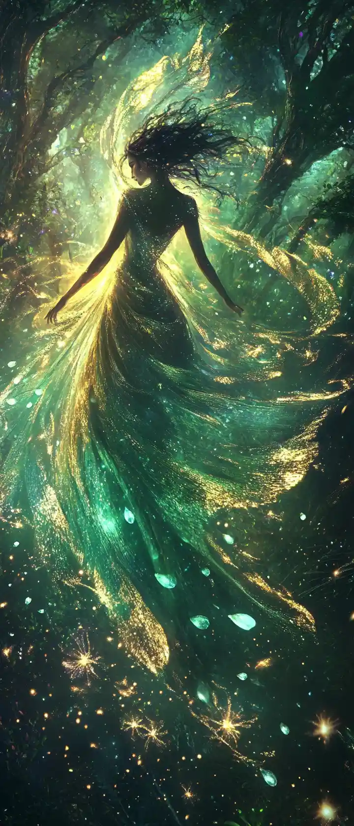 Celestial elf dancing in a glowing ancient forest grove