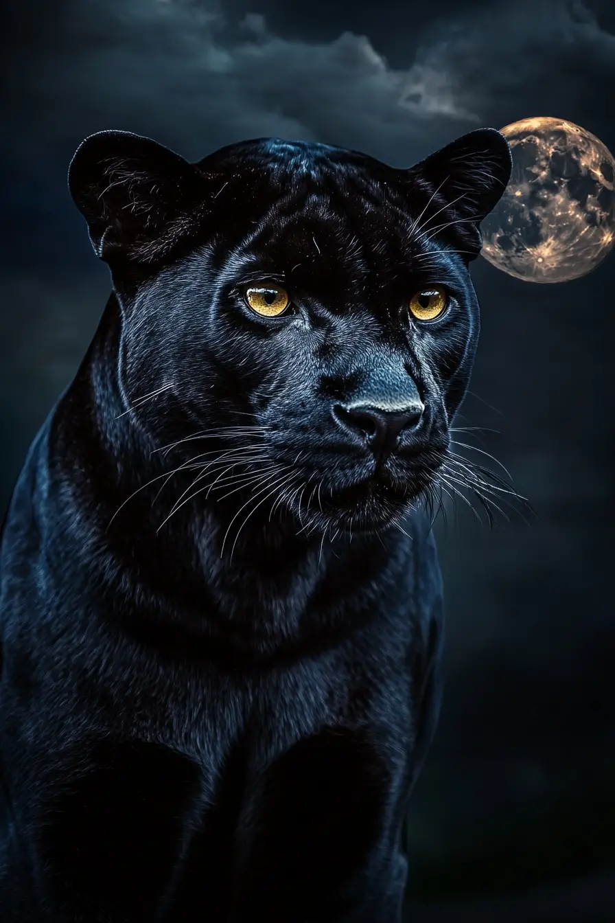 Black panther close up under a hazy moonlit sky