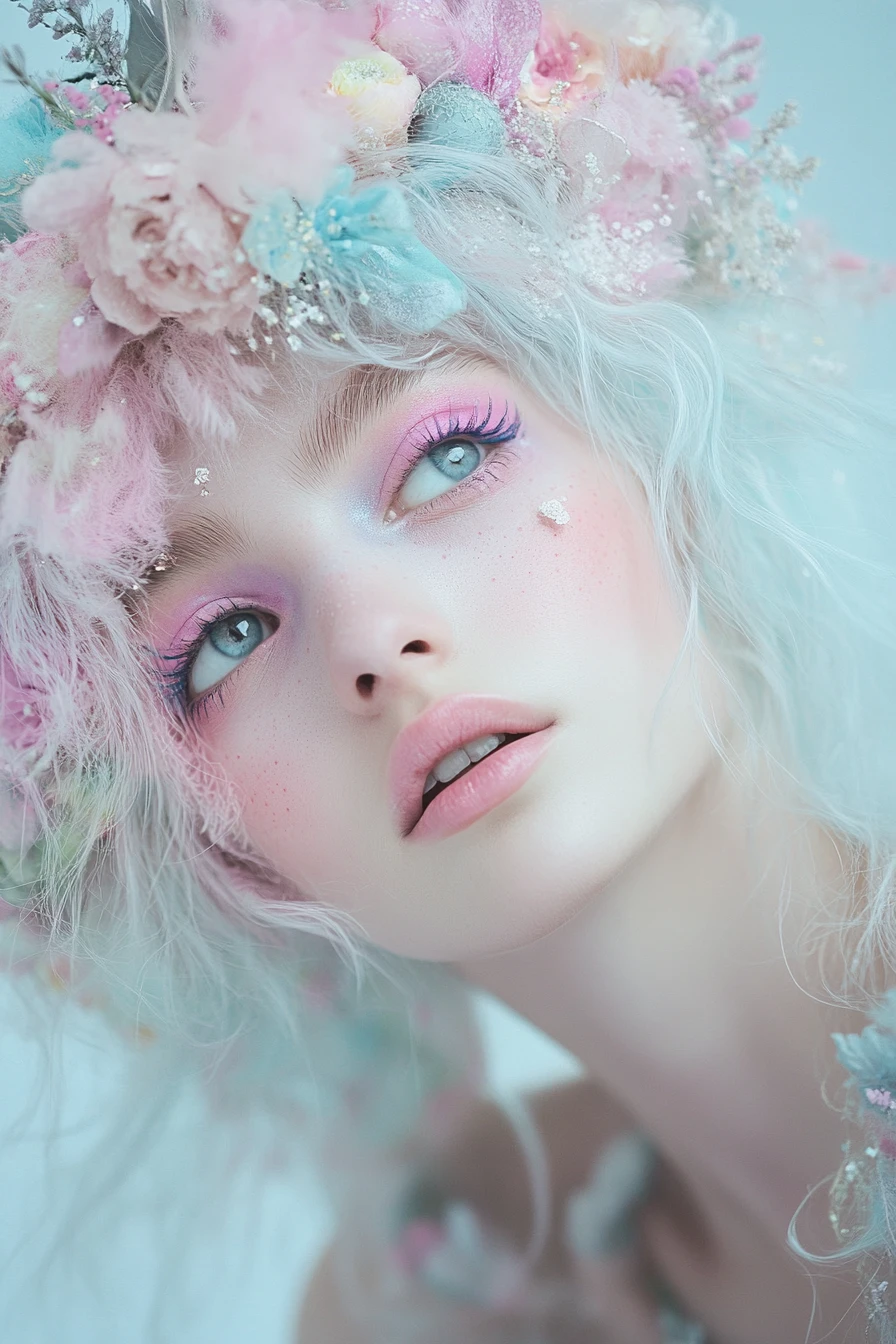 Chica fantástica y juguetona con maquillaje barroco en tonos pastel