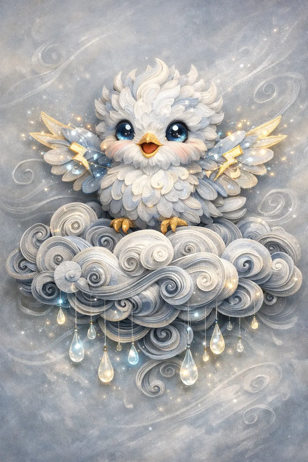 Whimsical Paper Quilling Baby Thunderbird On Storm Cloud