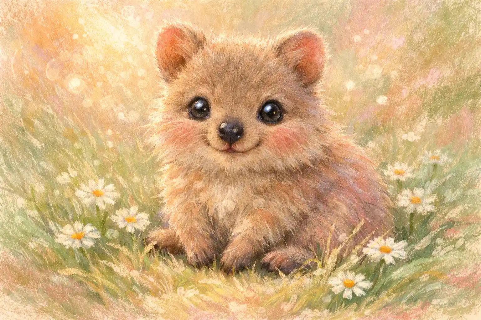 Dolce cucciolo di quokka in morbida erba pastello illustrazione