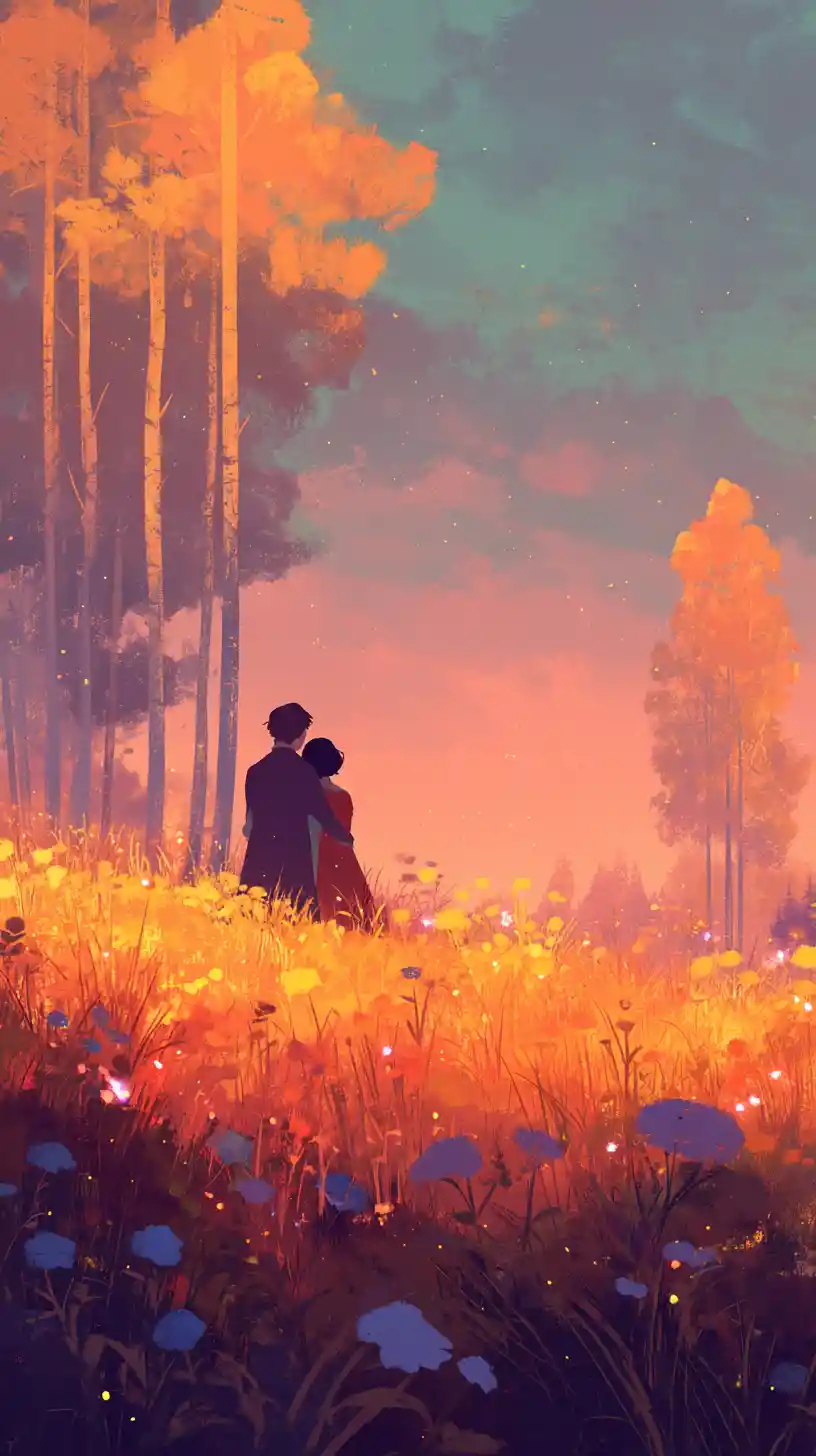 Silhouetted couple embracing in a Nordic summer meadow