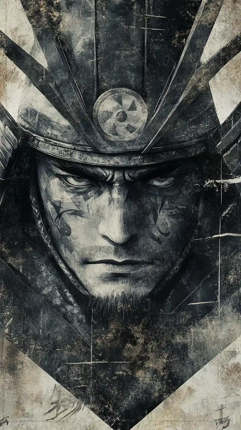 Stylized Samurai Portrait With Geometric Armor And Intense Gaze