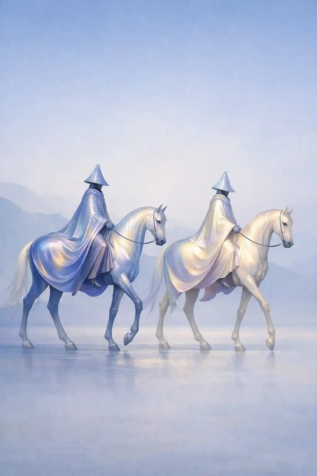 Elegant riders on luminous horses in misty mountain landscape