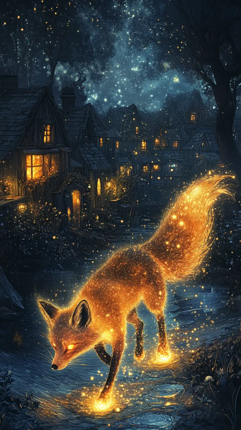 Glowing mystical fox wandering along an enchanted shoreline