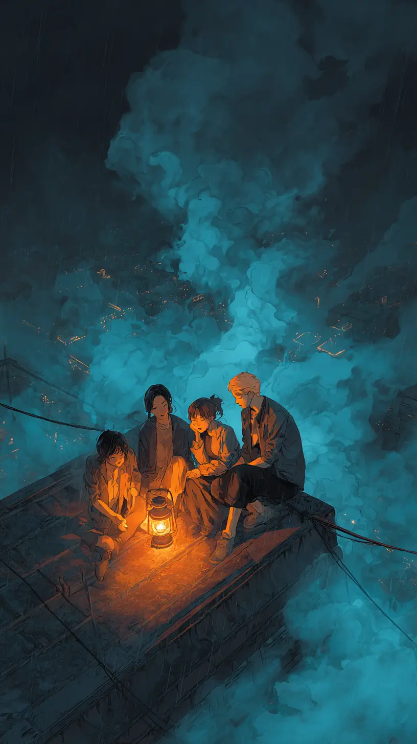 Friends huddled on a rainy rooftop under city lantern glow