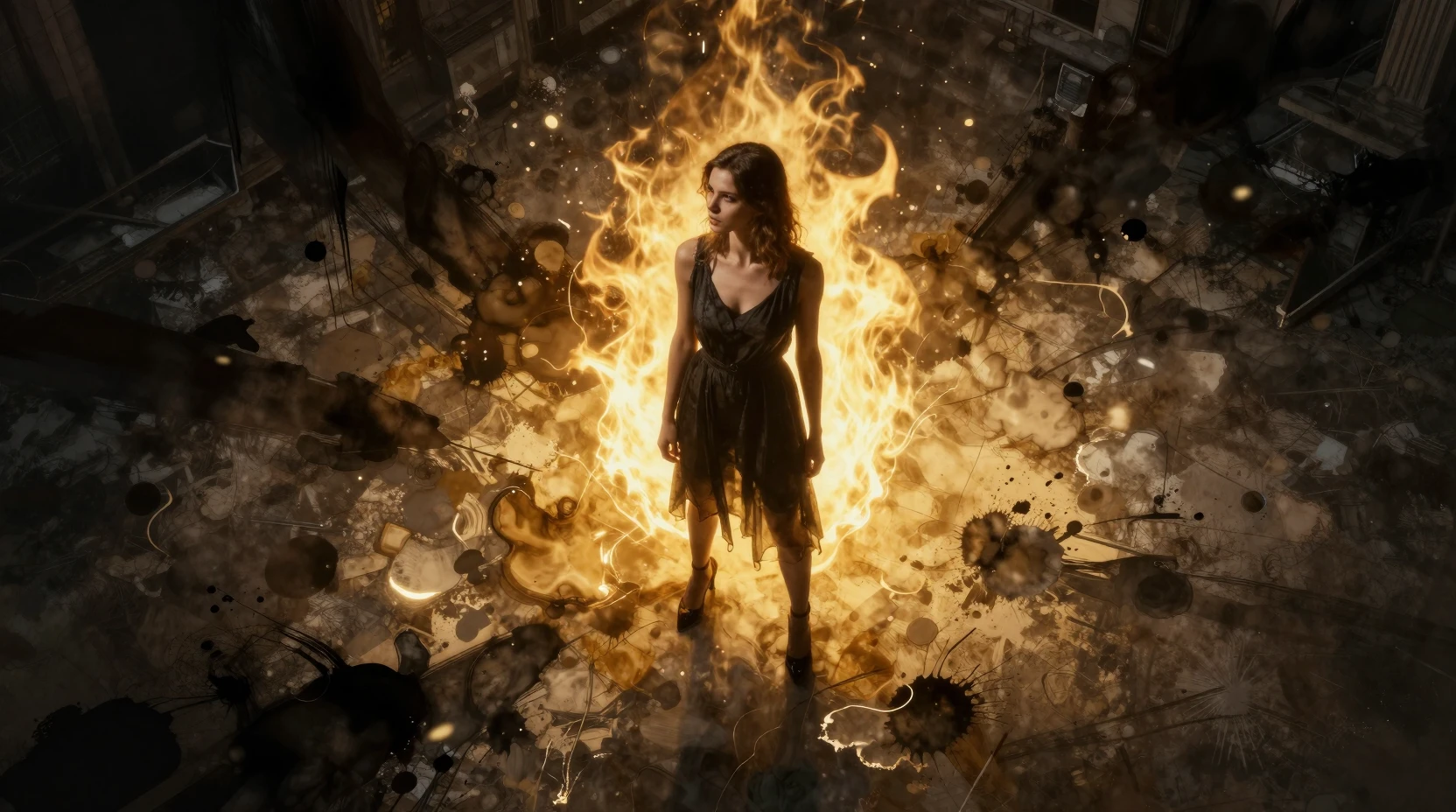 Young woman in golden light above a dark urban scene