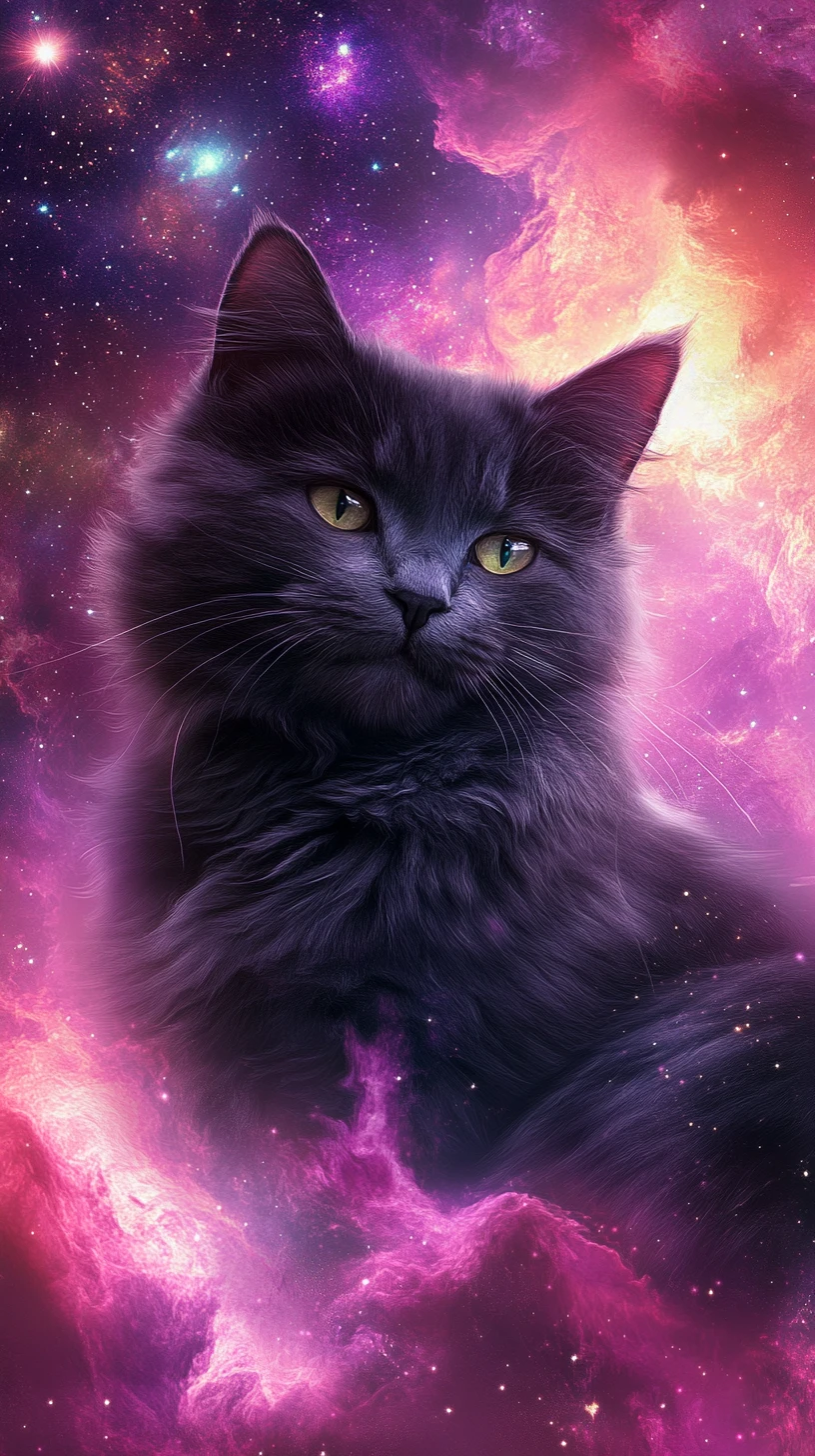 Mürrische graue Katze vor pink-lila Galaxie