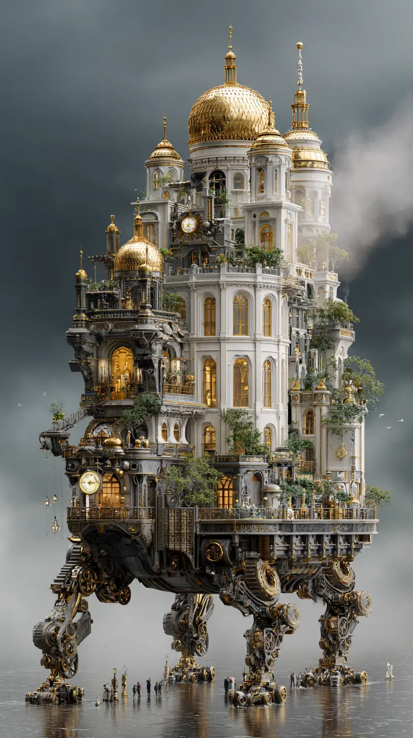 Golden cathedral city on colossal mechanical legs at night