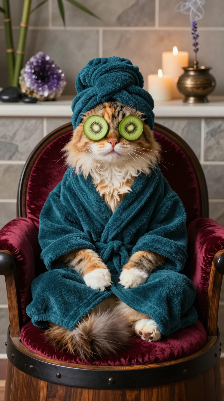 ティール色のスパローブを着てキウイをのせてくつろぐサビ猫