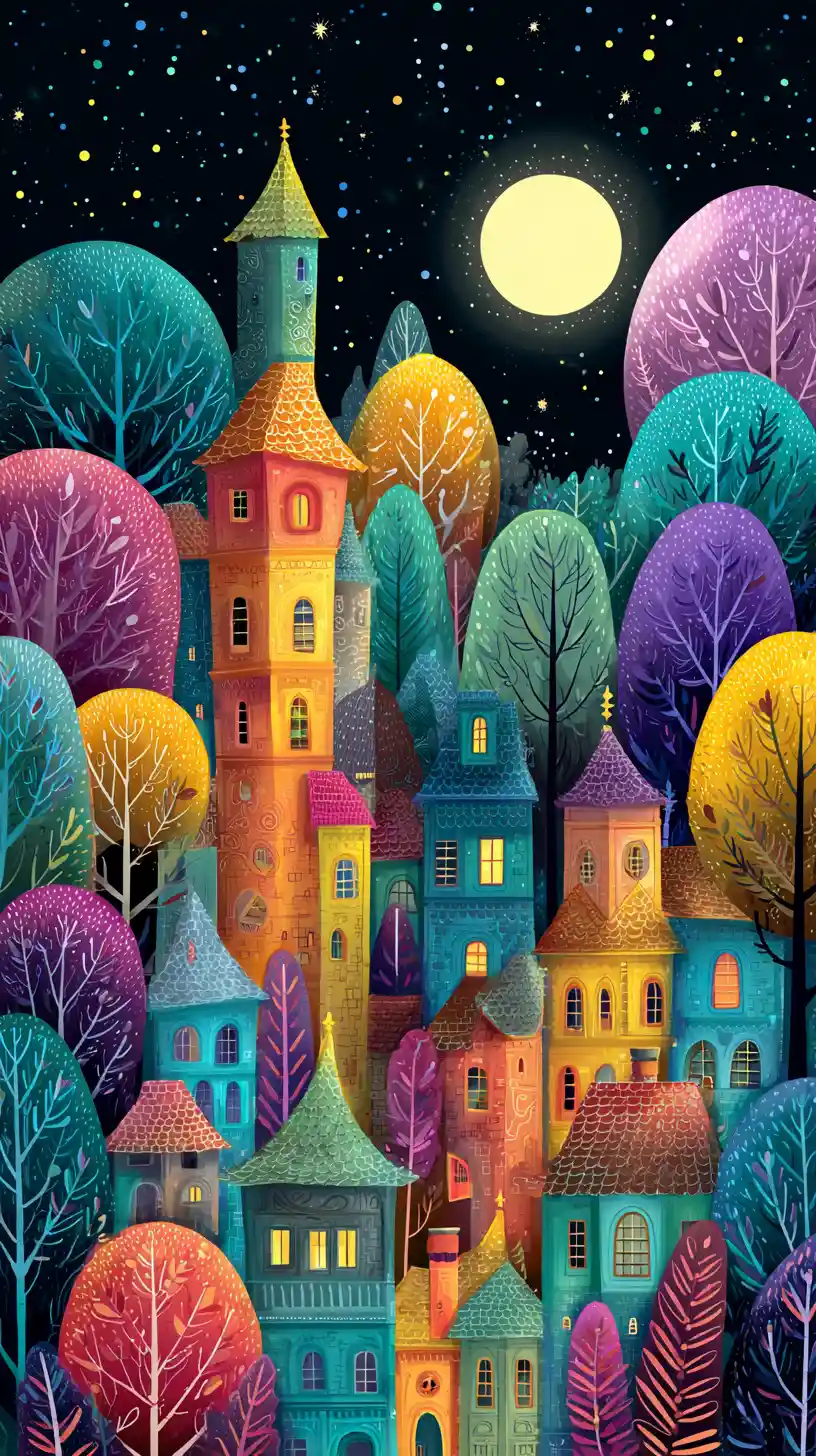 Whimsical Fairy Tale Village Under A Bright Full Moon