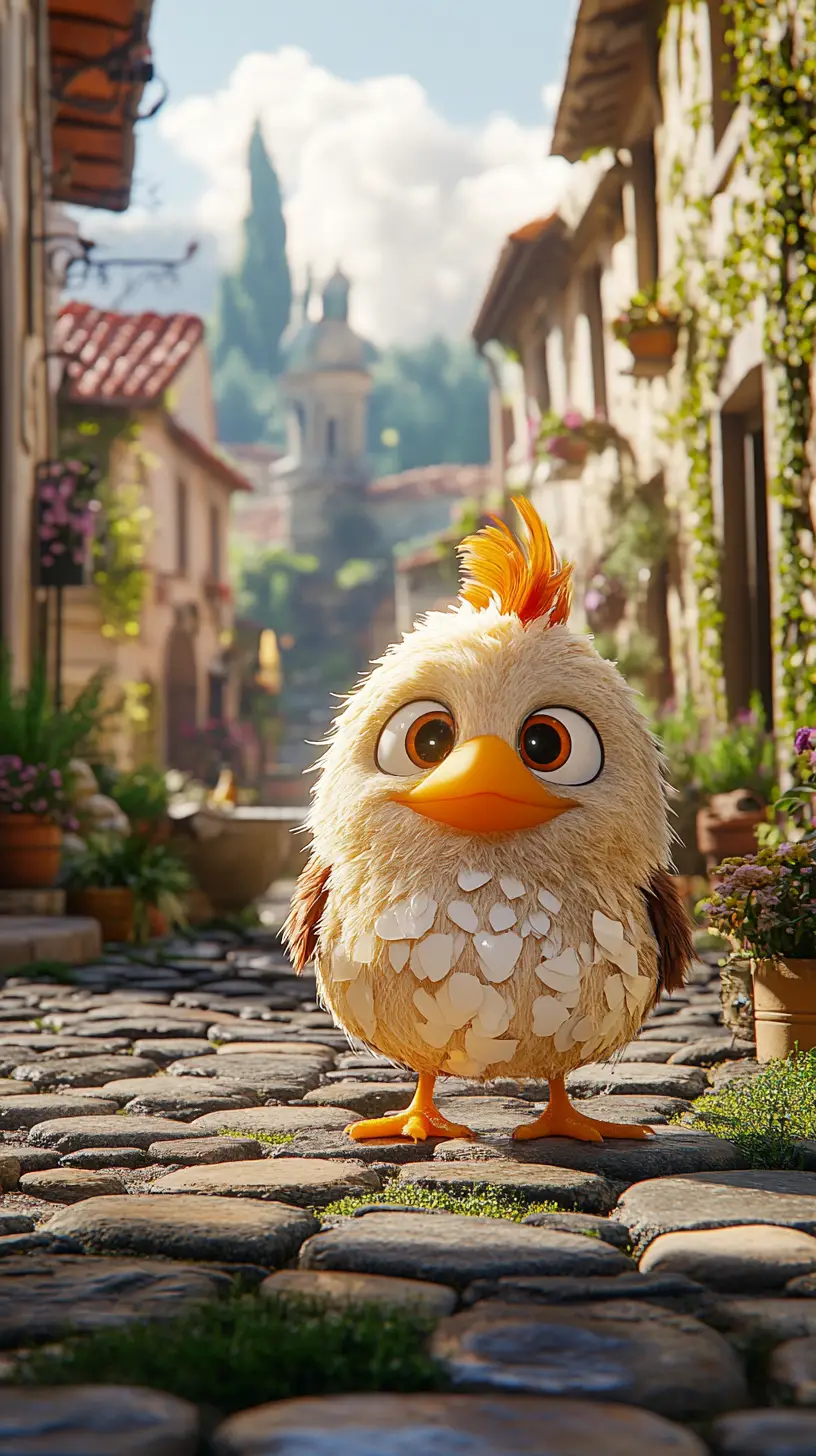 Laughing eggshell gnome on a sunny cobblestone street