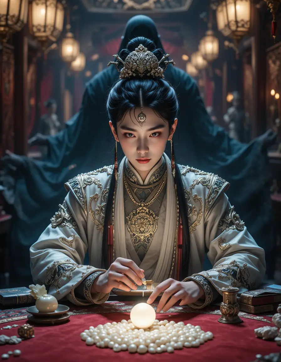 빛나는 비취 진주에 집중한 왕자 도박사