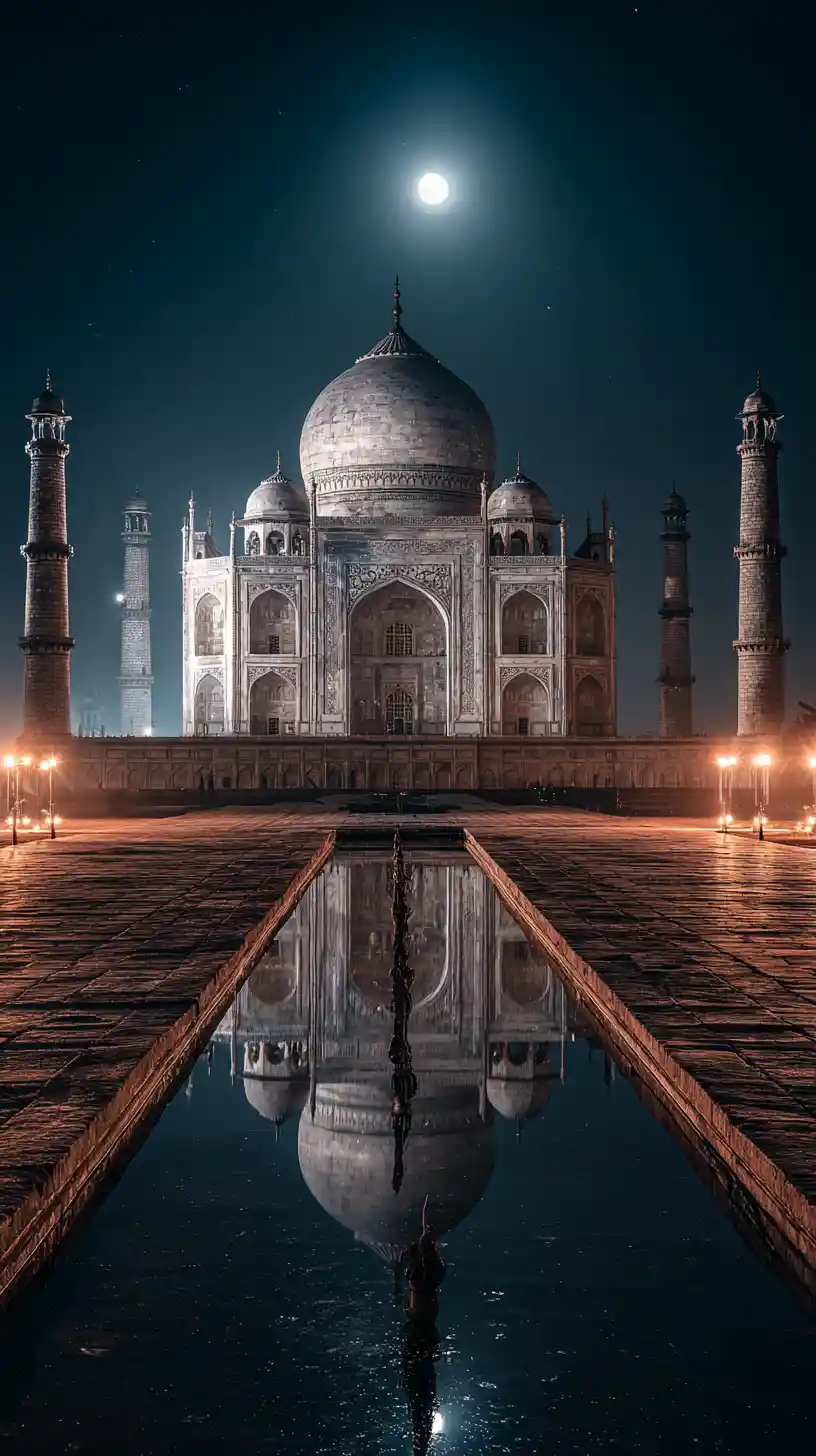 Indian temple at night reflected in a still water pool