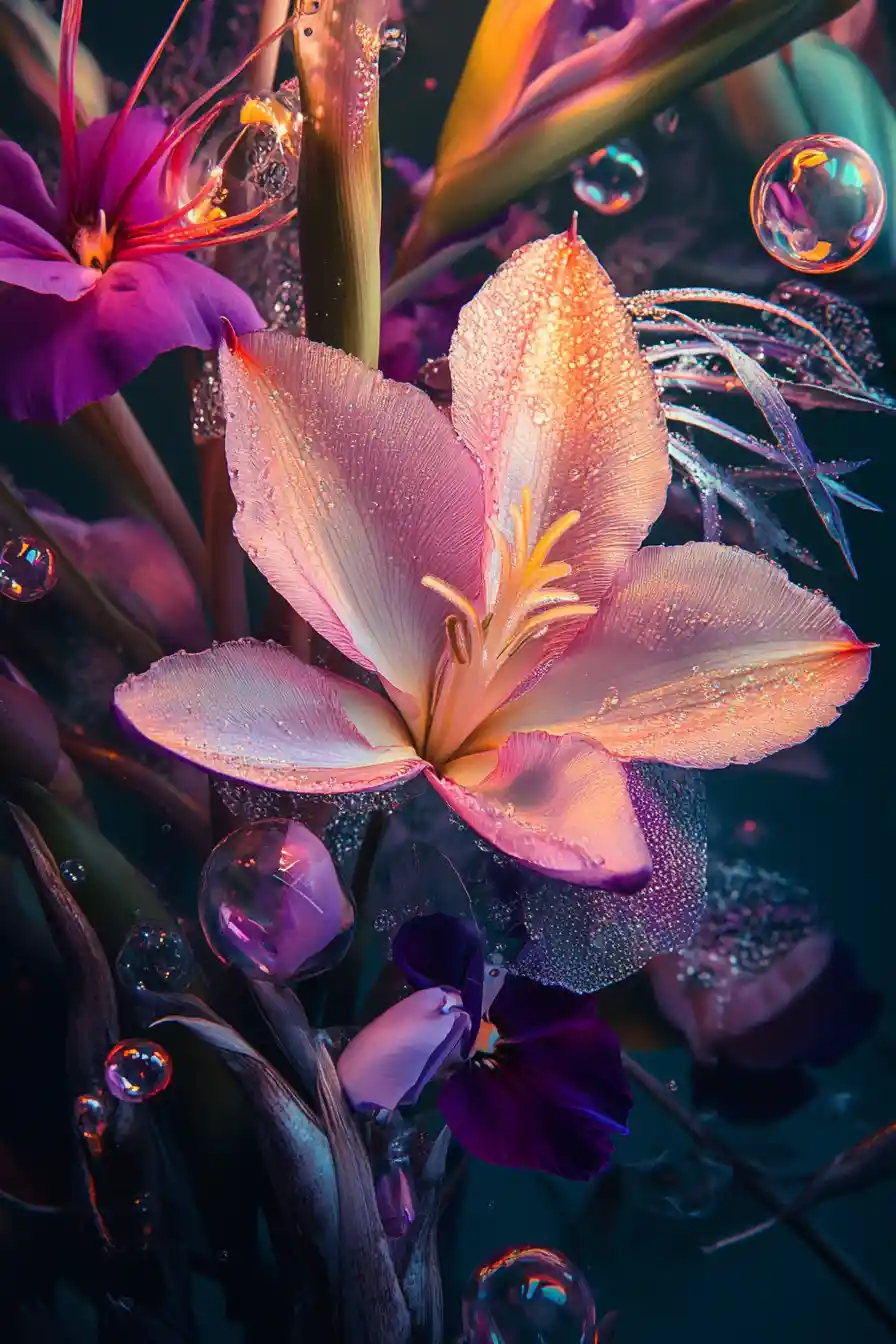 Glowing light bubbles around a large lilac flower
