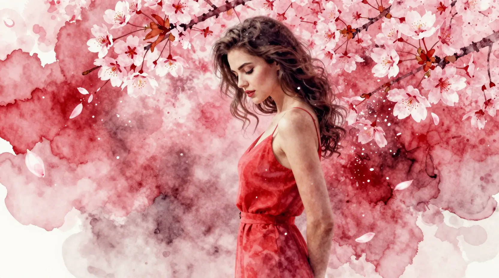 Young woman among swirling watercolor cherry blossoms