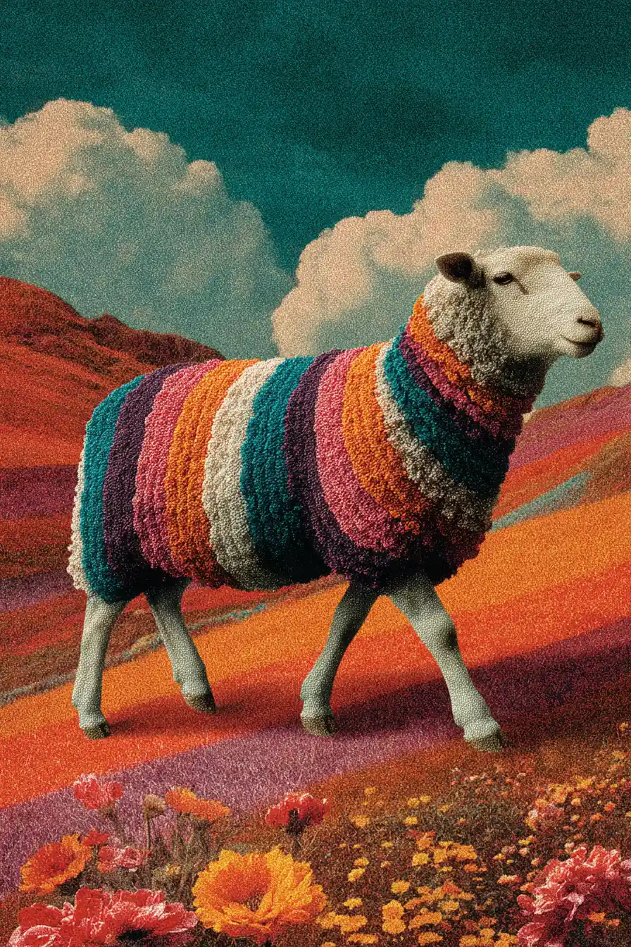 Striped Woolen Sheep In A Surreal Minimalist Landscape