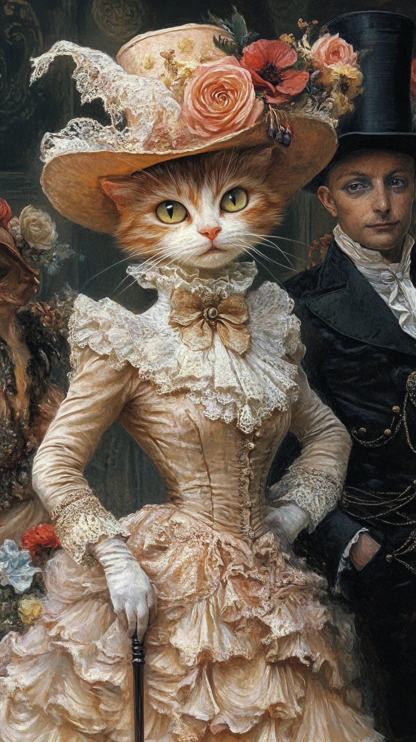 Victorian aristocratic cats in a surreal pastel pointillist scene