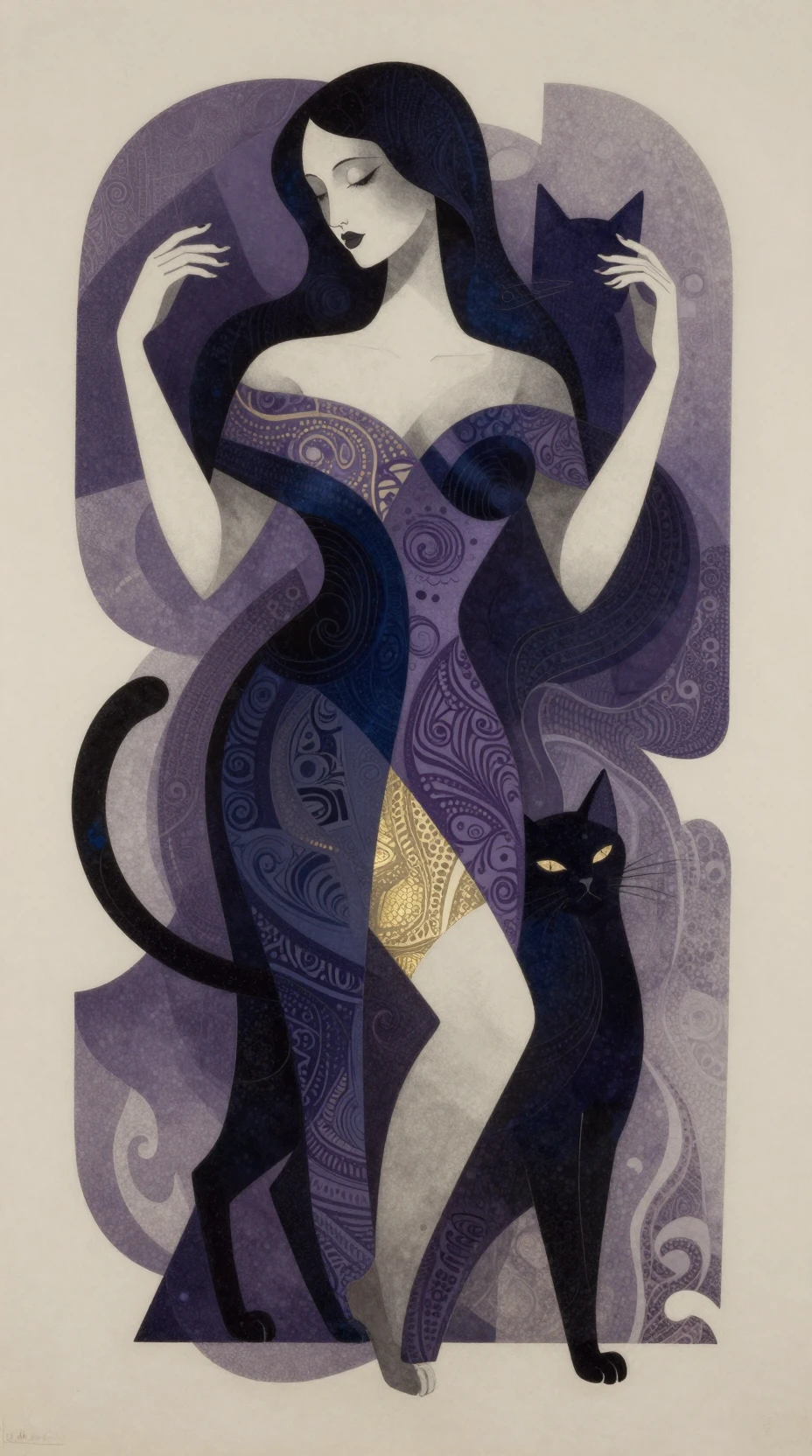 Abstract cubist woman with a sleek cat in deep moody colors