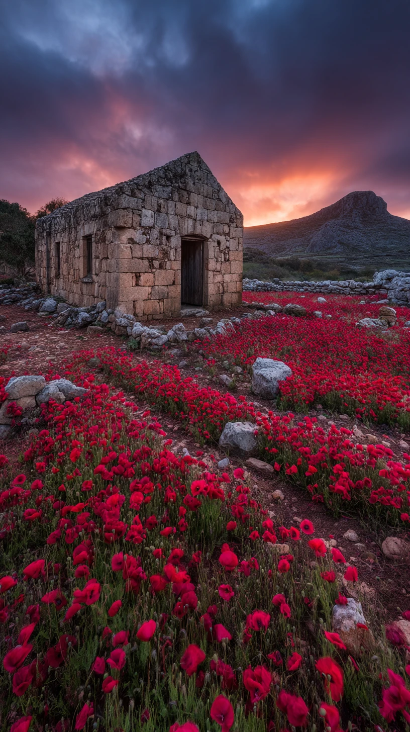 Alte Kapelle auf einem Hügel über einem Meer aus scharlachroten Mohnblumen