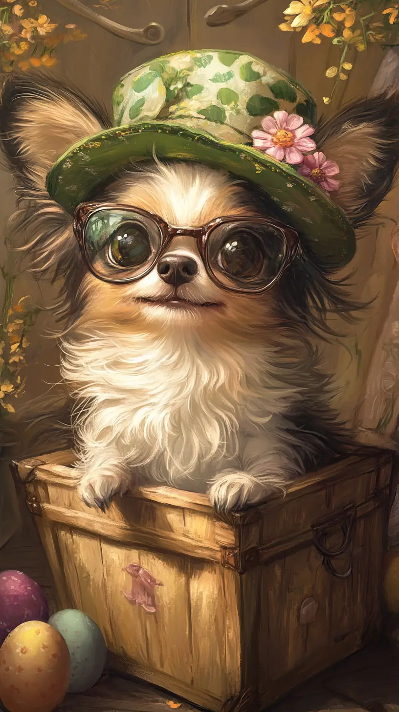 Cute dog sitting on an old wooden box indoors