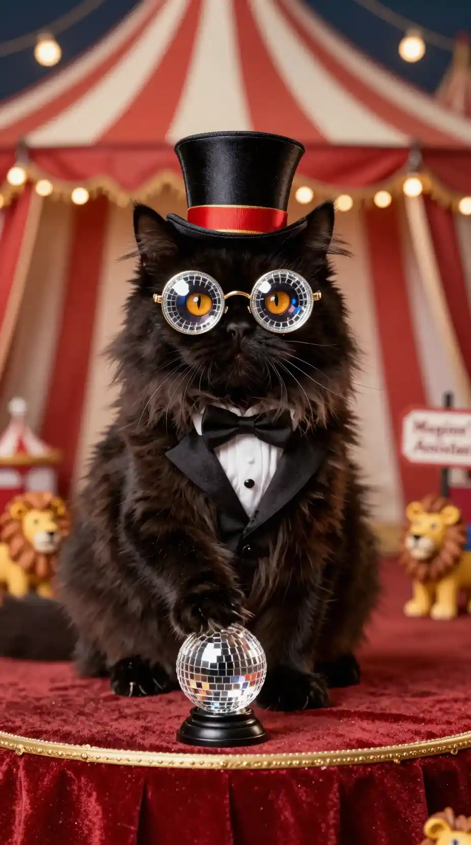 Fluffy black cat magician on tiny velvet circus stage
