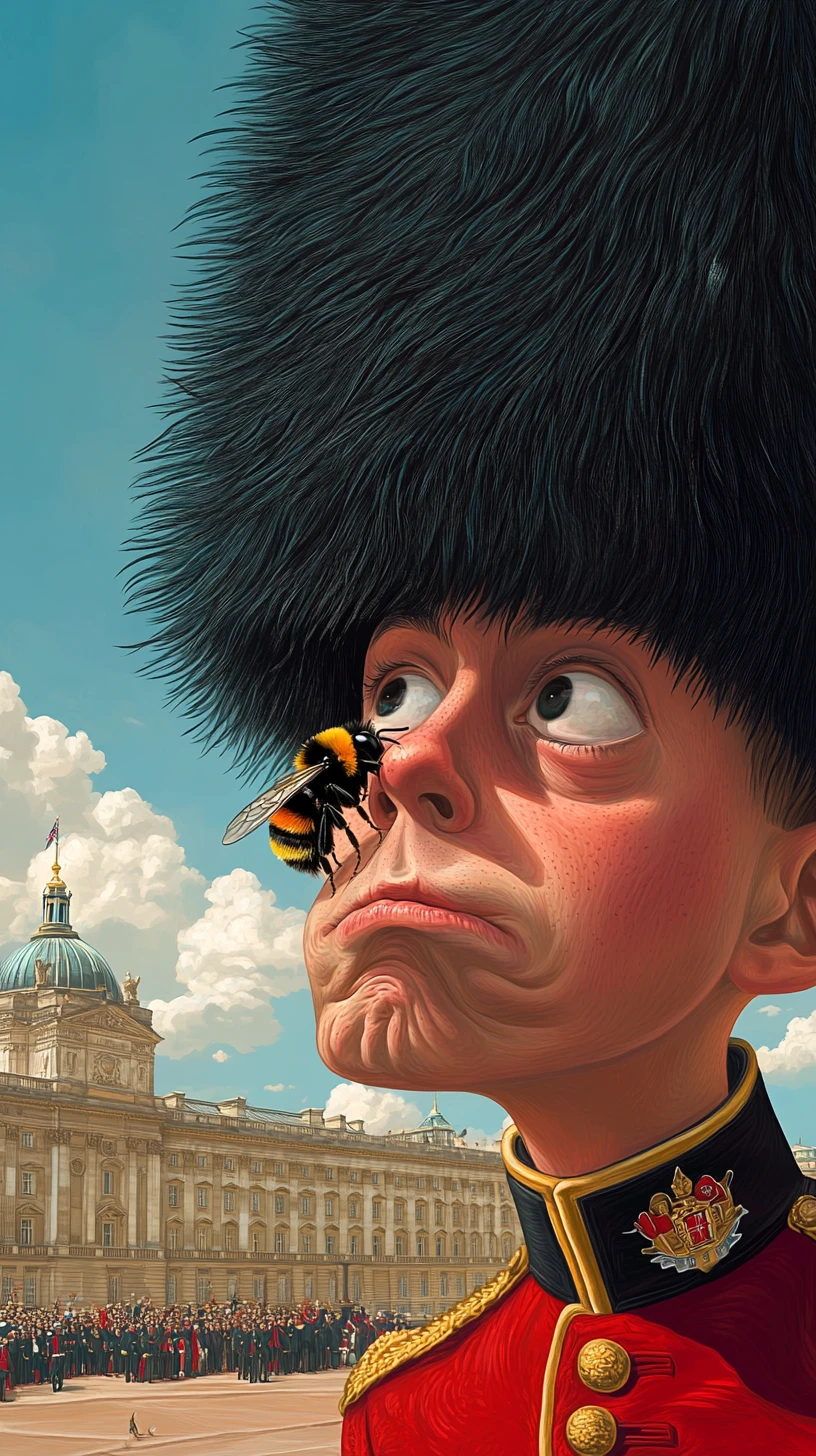 Young guardsman with bee on his nose at Buckingham Palace
