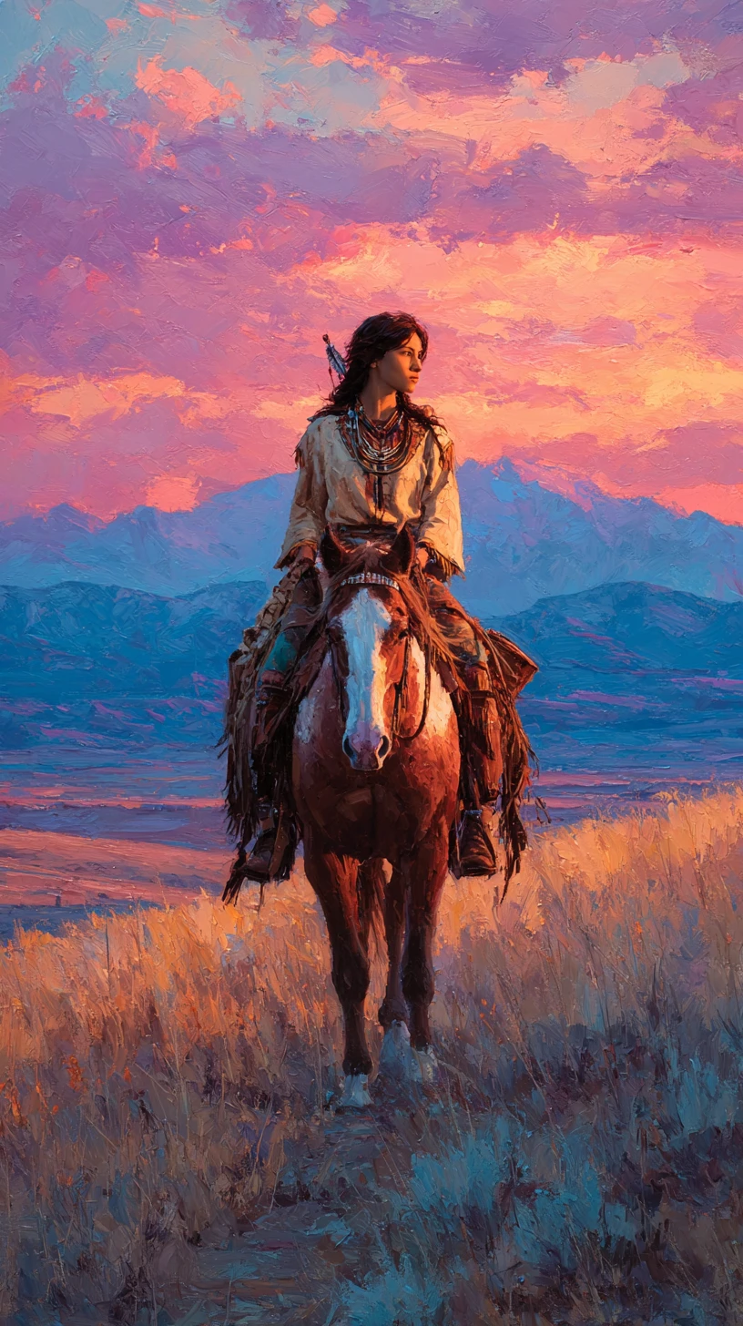 Cavaleiro Lakota cruzando pradarias ao pôr do sol em um cavalo pinto