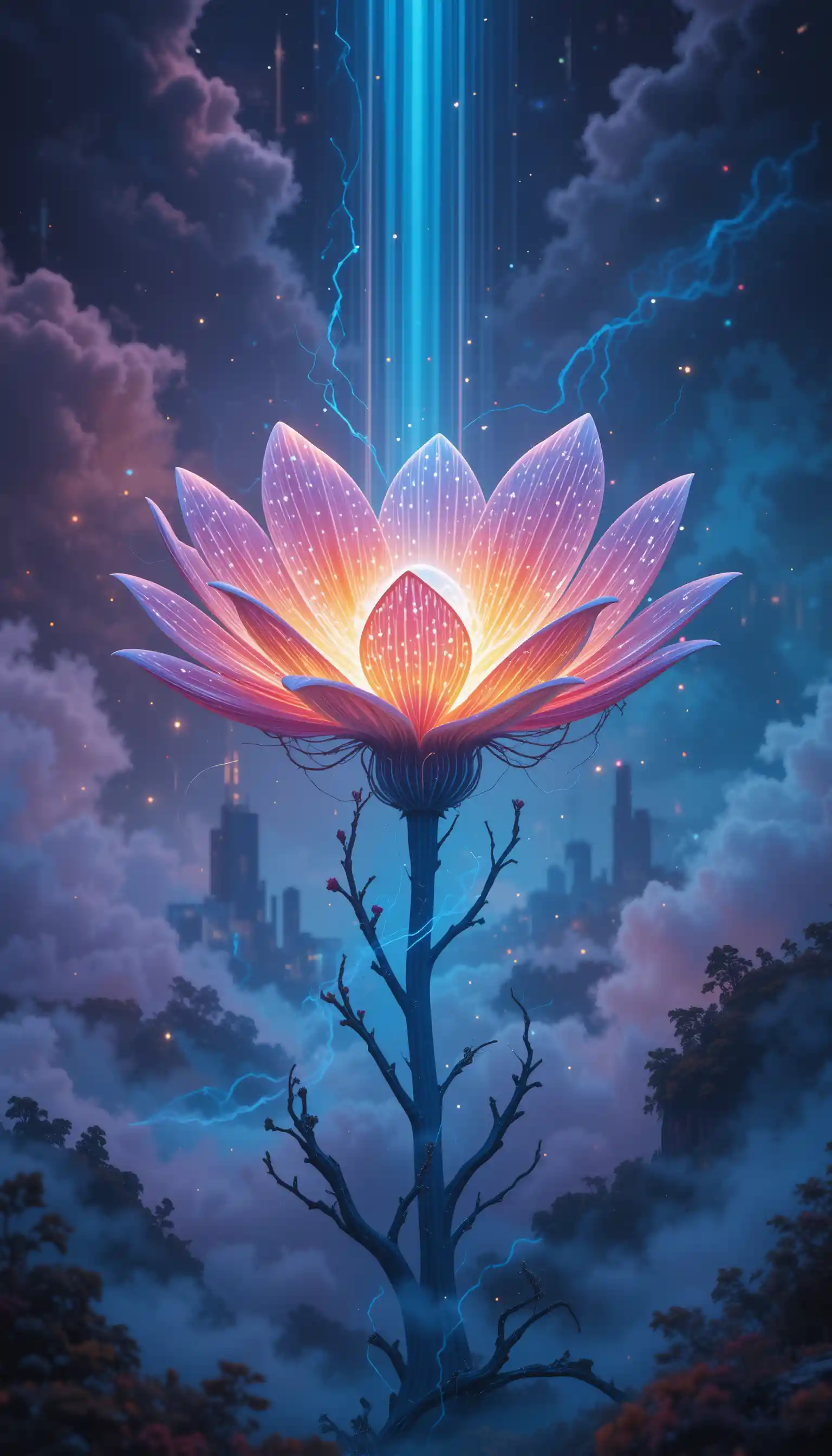 Fiore Bioluminescente che Brilla su Paesaggi Futuristici della Terra