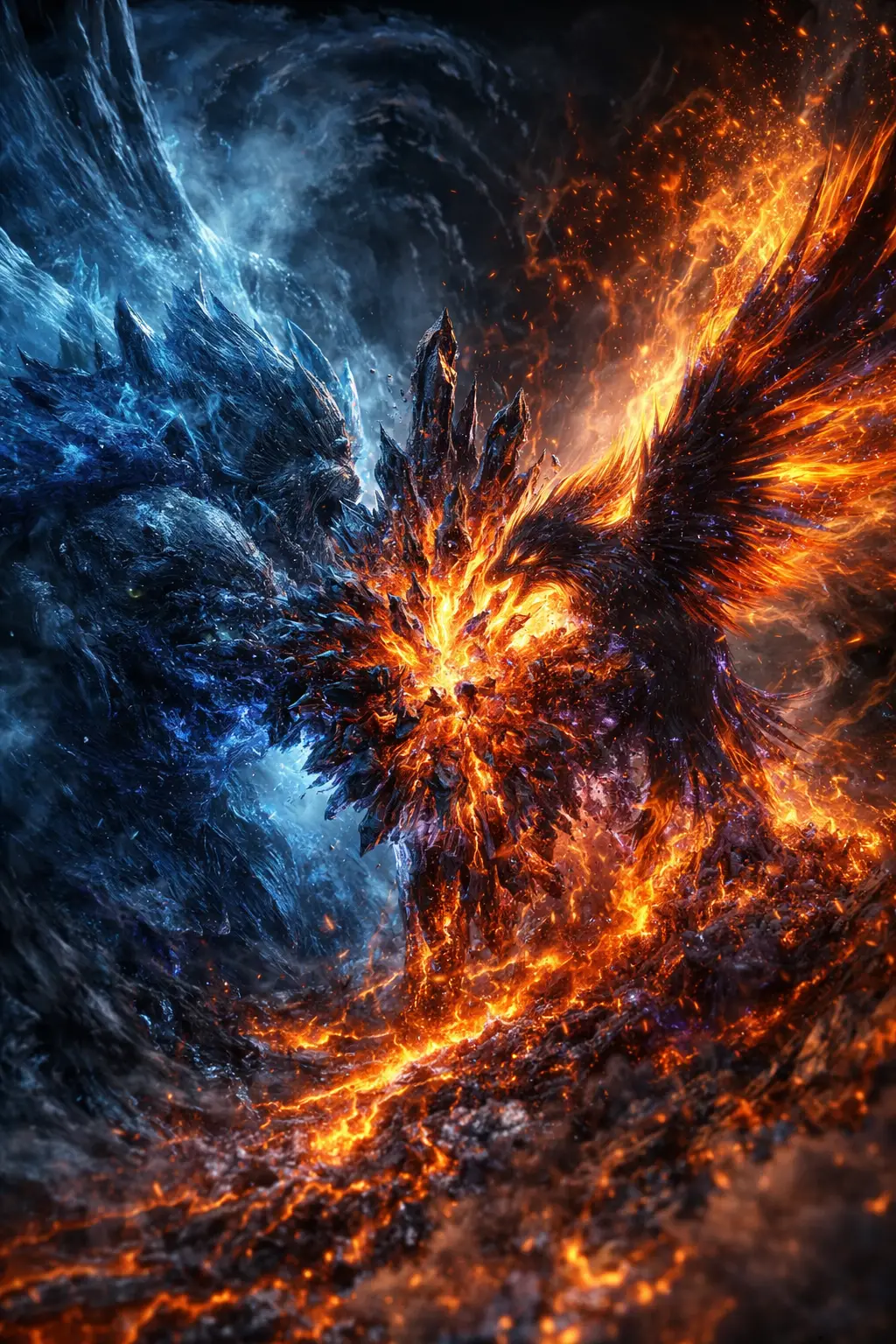 Primeval frost giant colliding with blazing solar phoenix