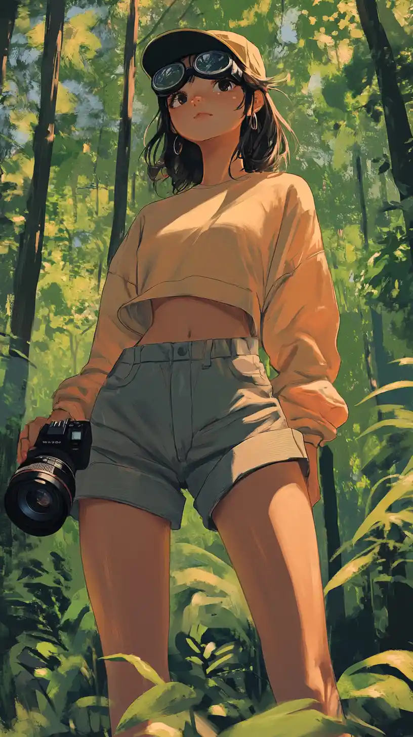 Anime girl photographer standing proudly in swamp forest