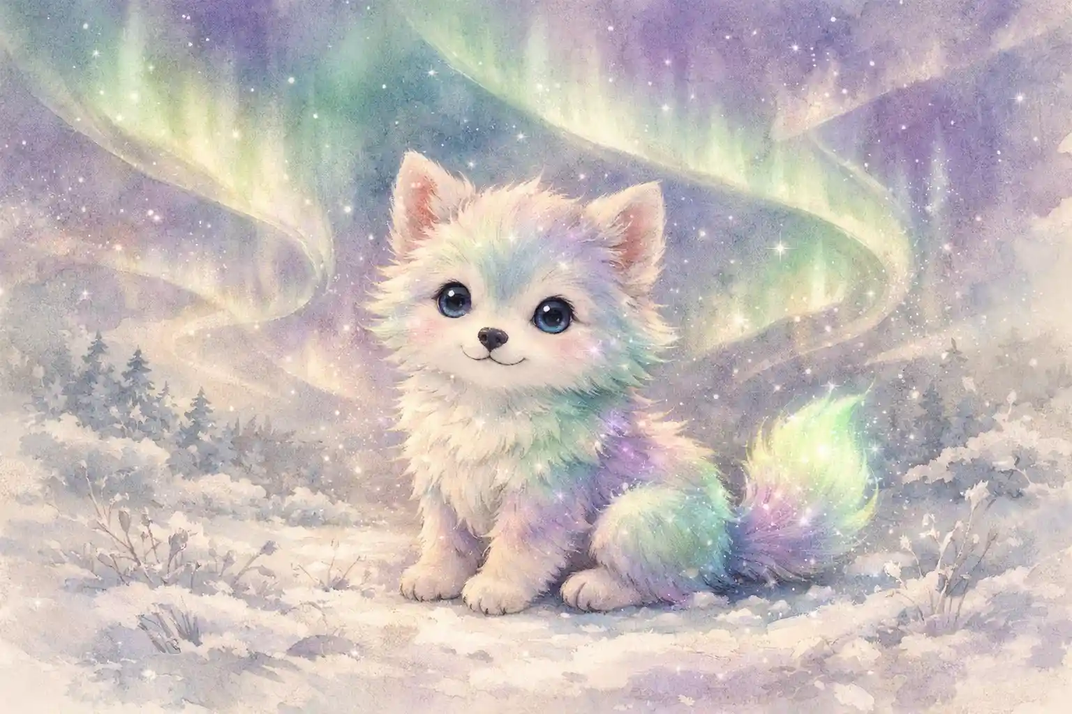 Aurora colored fantasy puppy in a snowy meadow illustration