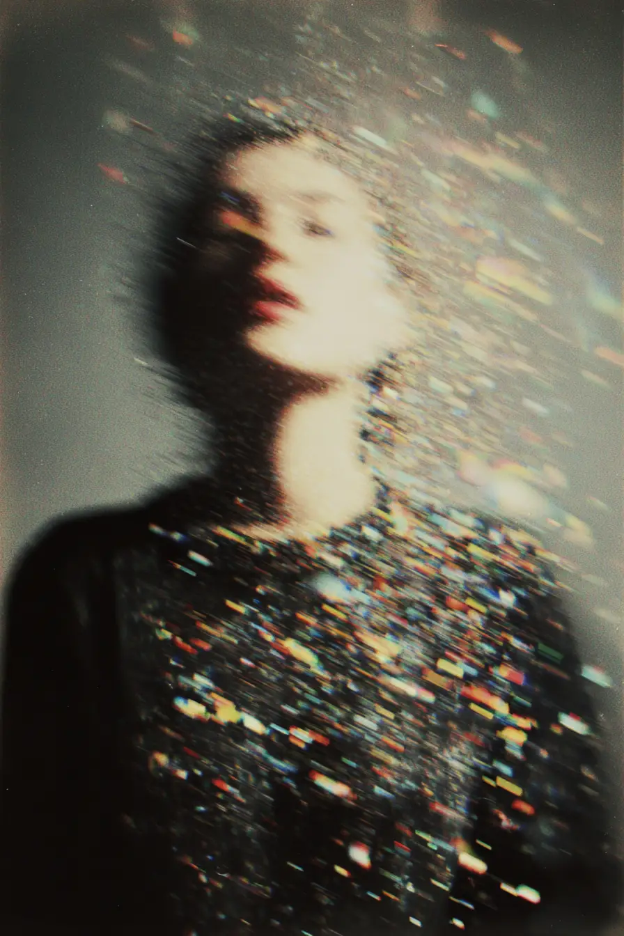 Surreal cinematic portrait of a dissolving woman in motion