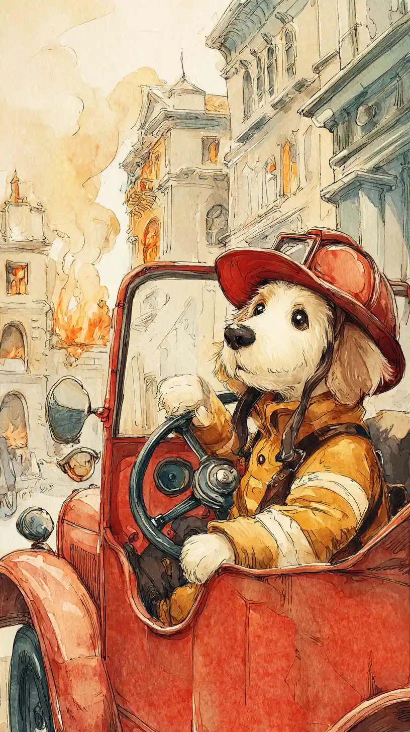 Dolce cagnolino pompiere che guida un camion dei vigili del fuoco in strada