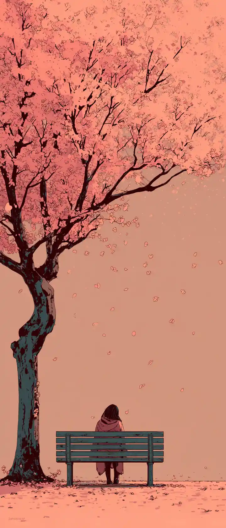 Solitary figure on park bench beneath bare cherry tree