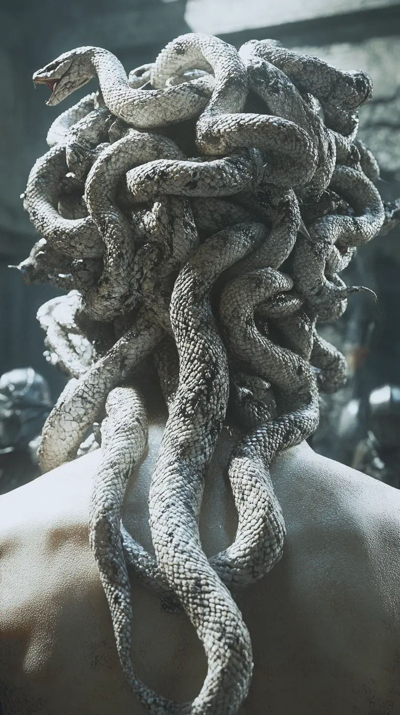 Close up of Medusa hair of writhing snakes and warrior