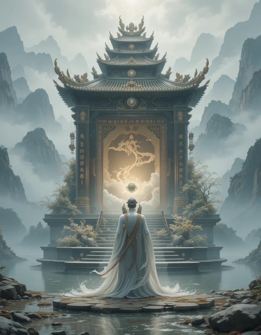 Man before pearl altar in misty Chinese mountain landscape