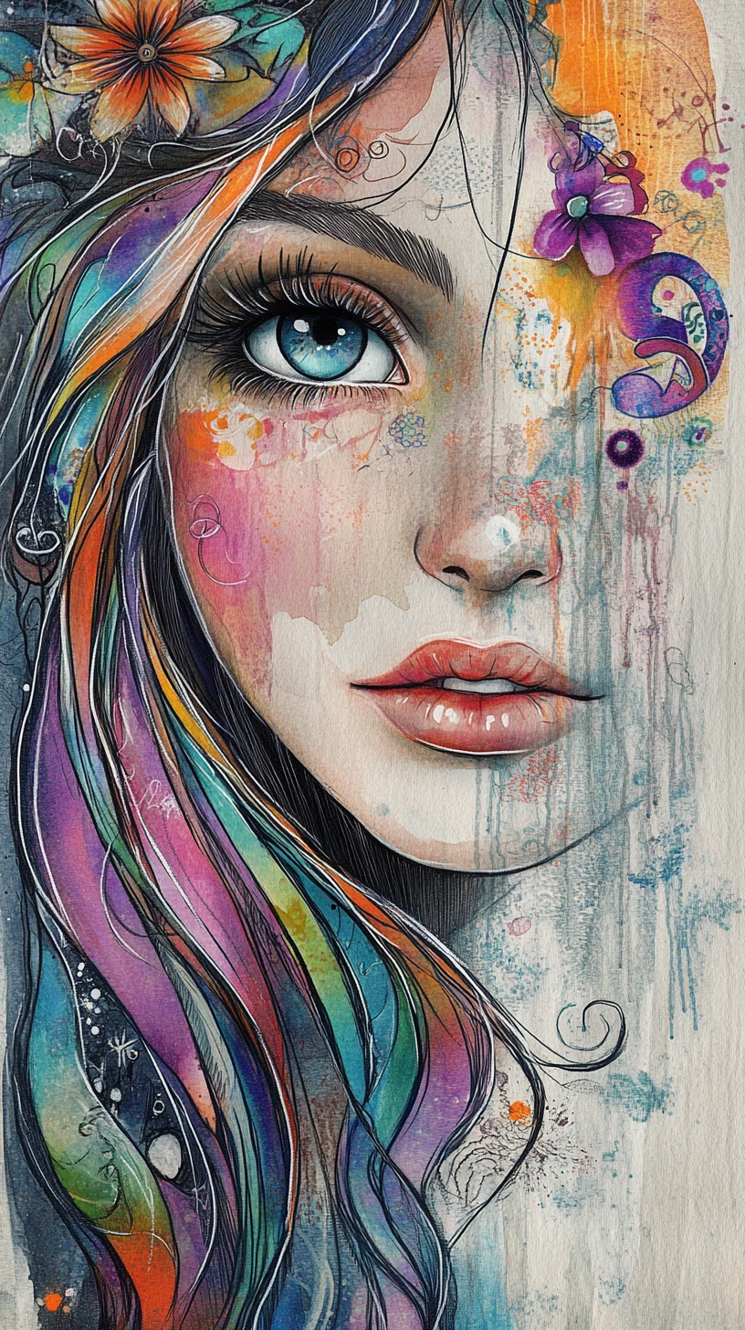 Ritratto di ragazza boho con dettagli floreali e capelli fluenti
