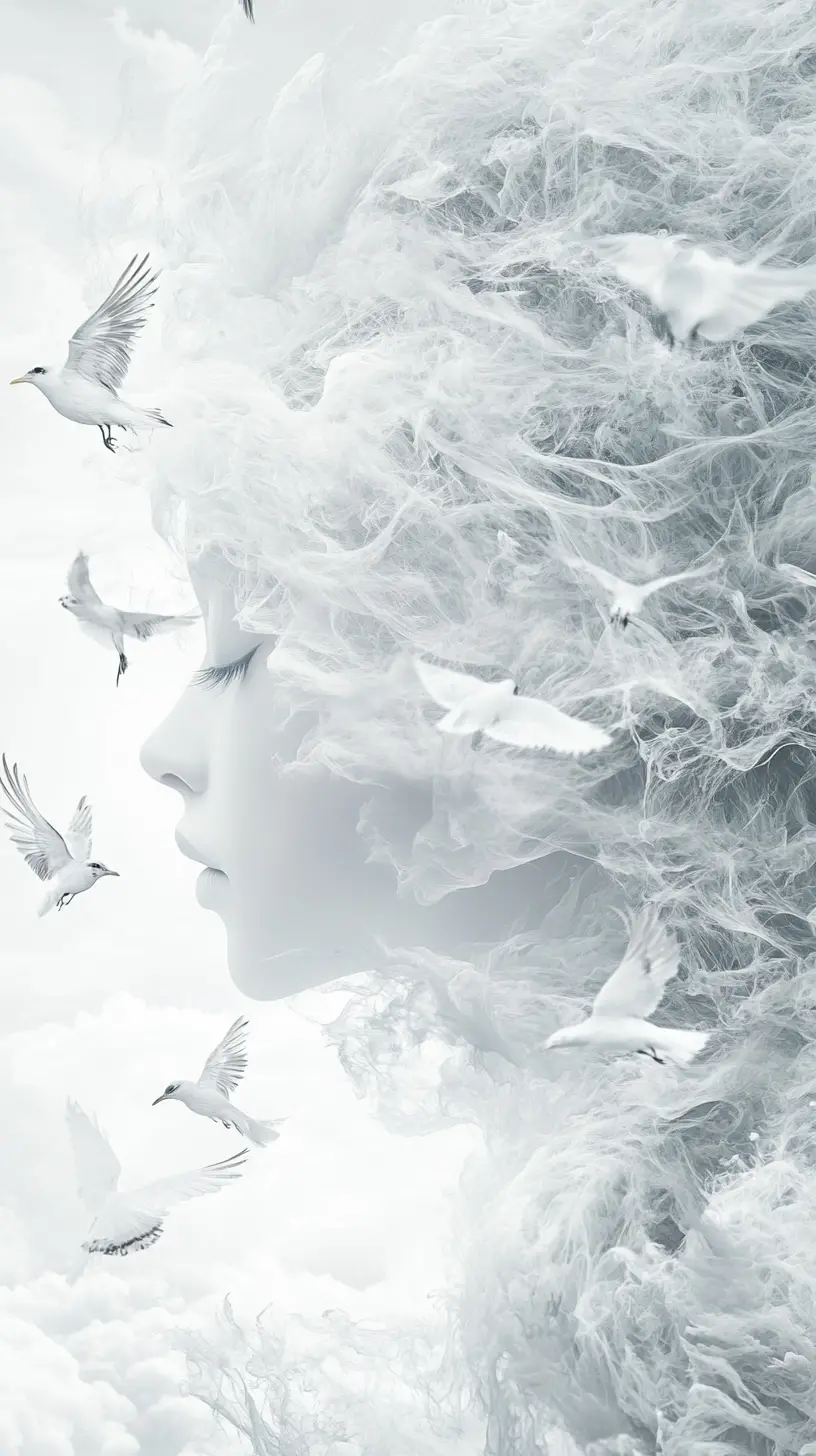 Surreal figure with cloud hair dissolving into a bright sky
